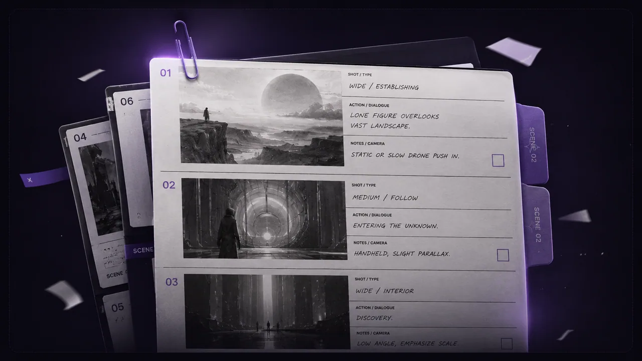 A shot-by-shot board with framing and timing